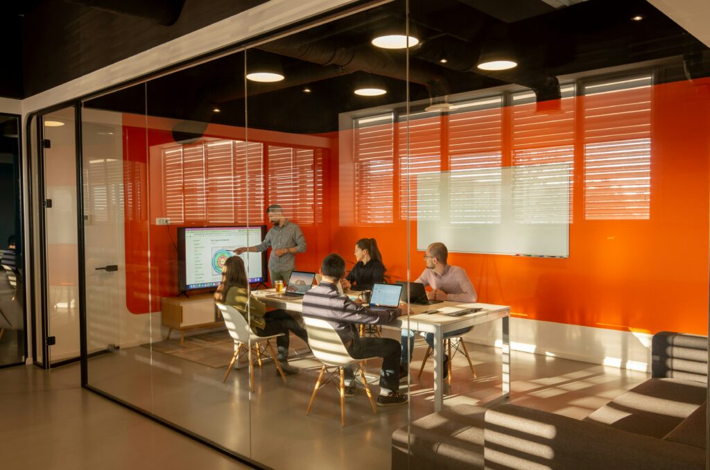 A work team collaborating in a meeting room