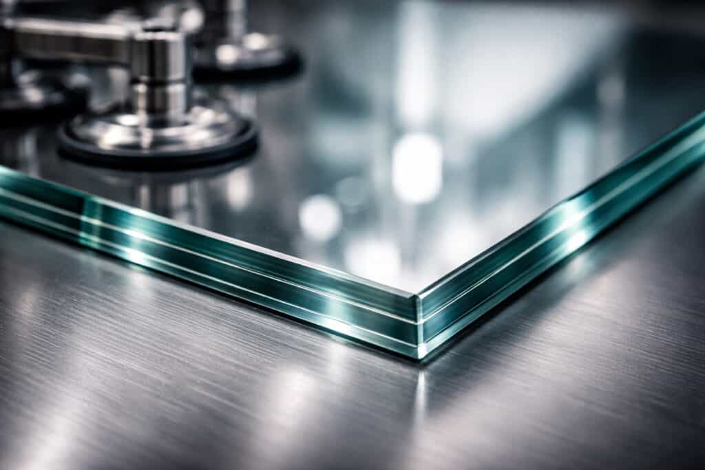 A close-up photograph of a precision-cut glass panel resting on a brushed metal surface, with clean edges and visible construction details, emphasizing transparency, craftsmanship, and inspectable design.